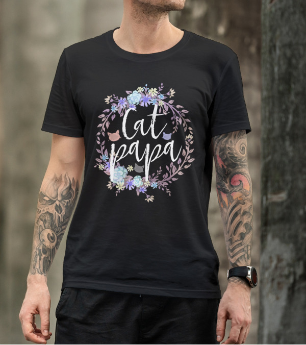 Cat Papa White Lettering Floral Cat Heads T-Shirt