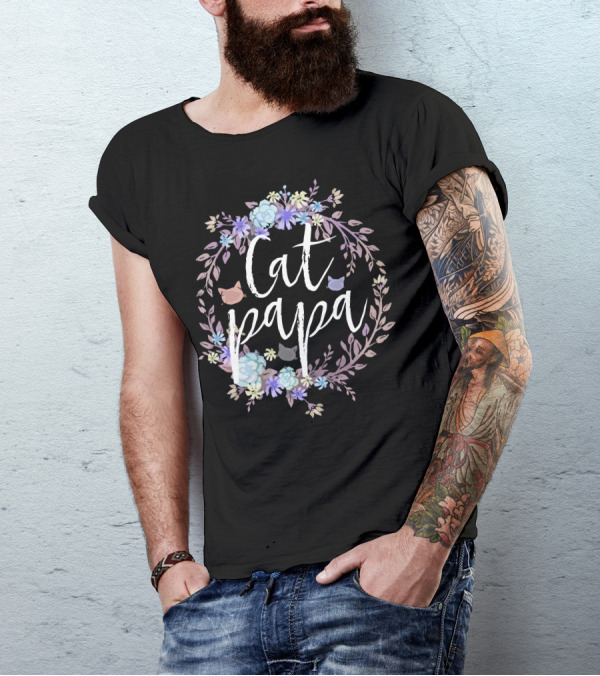 Cat Papa White Lettering Floral Cat Heads T-Shirt