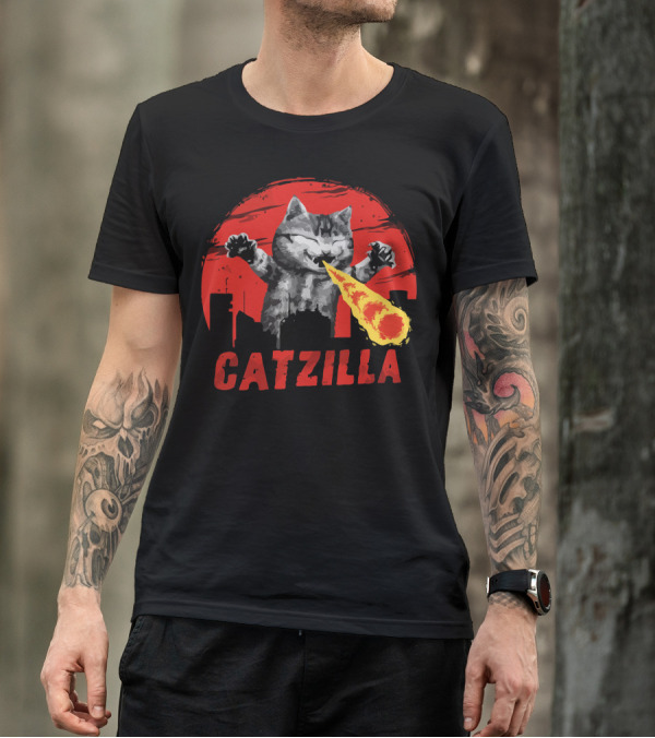 Catzilla Fire-Breathing Cat Against Red Skyline T-Shirt