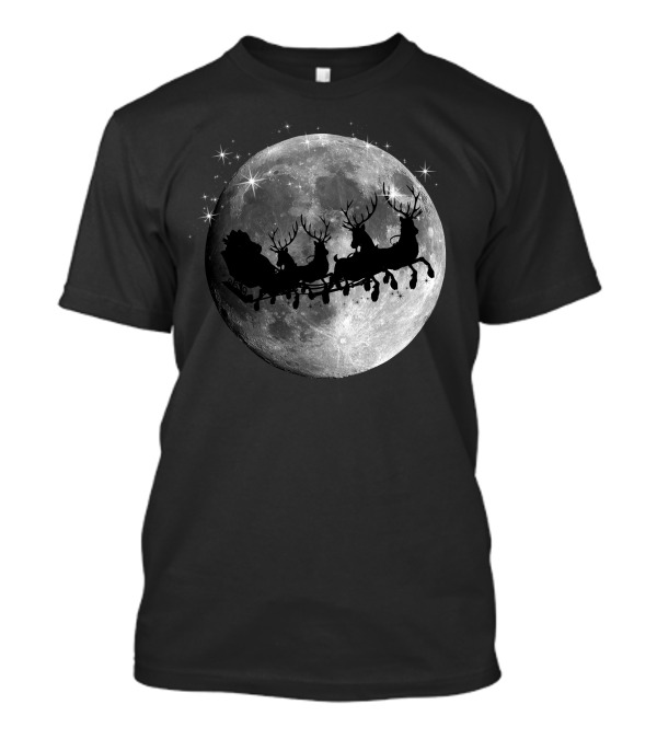 Santa Sleigh Reindeer Silhouette Against Full Christmas Moon T-Shirt