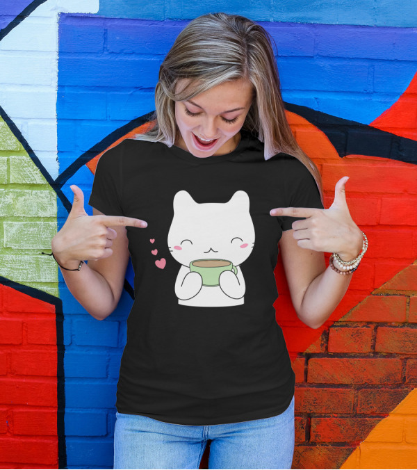 Coffee Drinking Cute Cat With Hearts T-Shirt