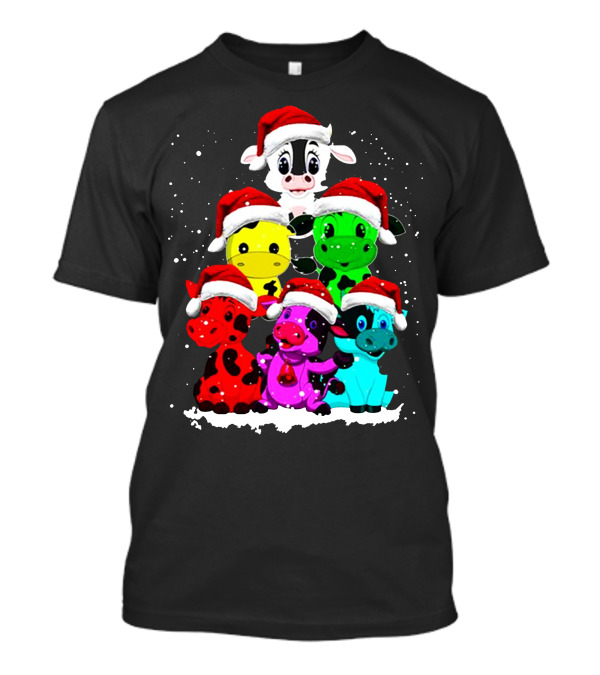 Cow Christmas Santa Hat Stack Multicolor Cows T-Shirt