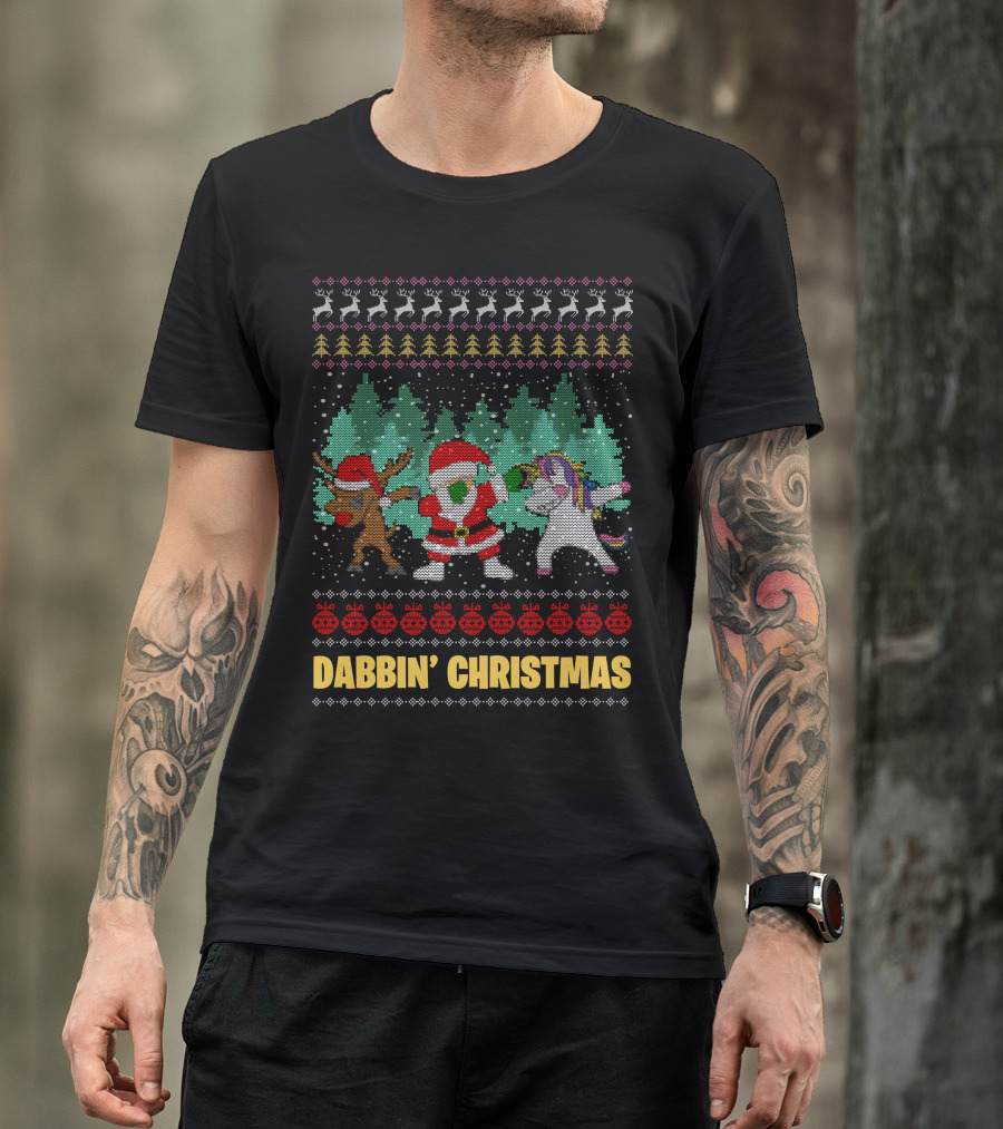 Dabbin' Christmas Ugly Sweater Santa Reindeer Unicorn T-Shirt