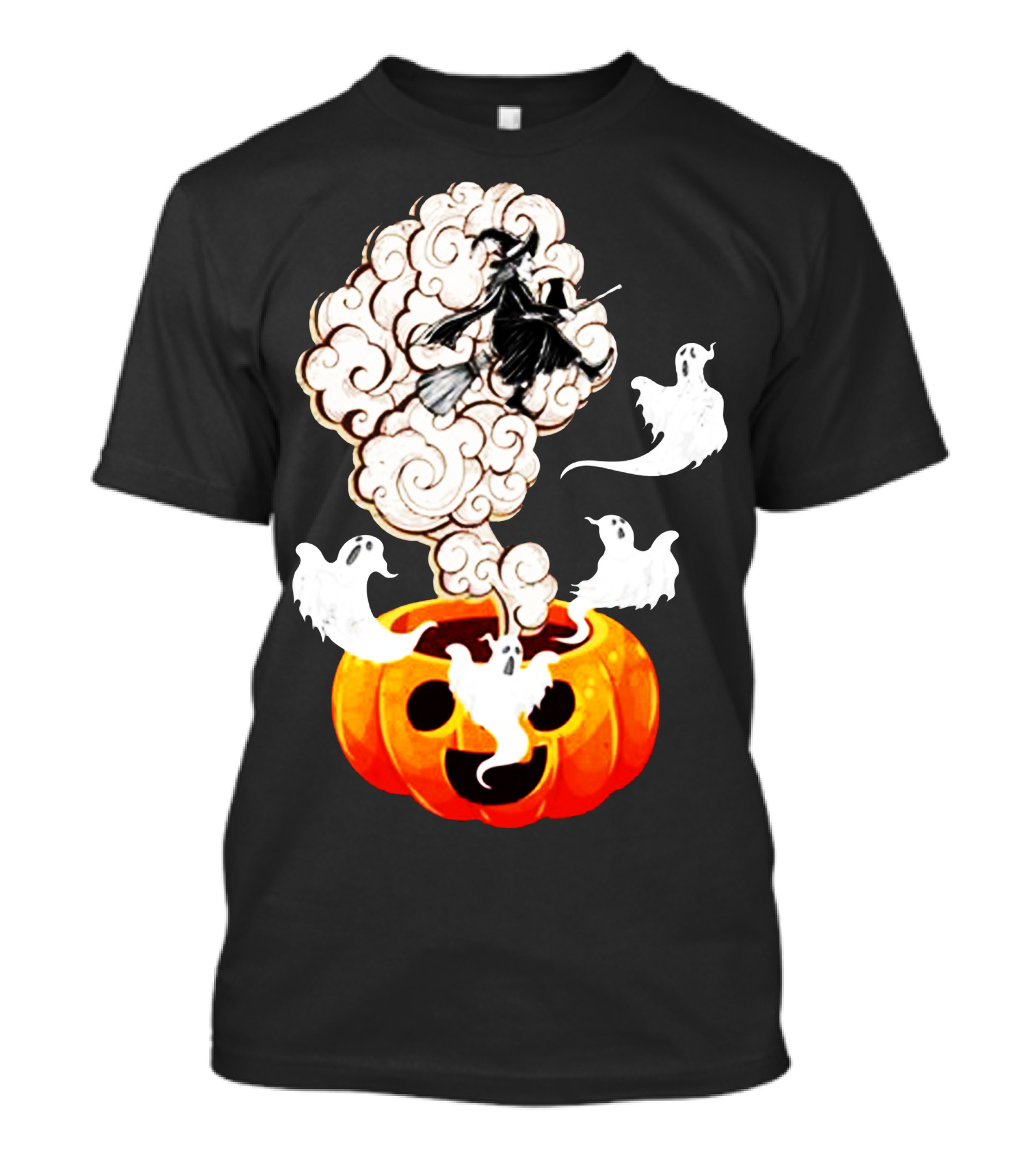 Ghosts And Witch Flying Out Of The Pumpkin With Halloween Clouds T-Shirt