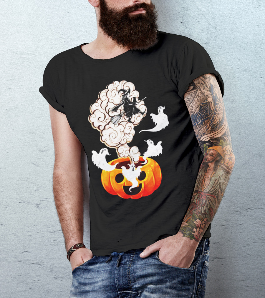 Ghosts And Witch Flying Out Of The Pumpkin With Halloween Clouds T-Shirt