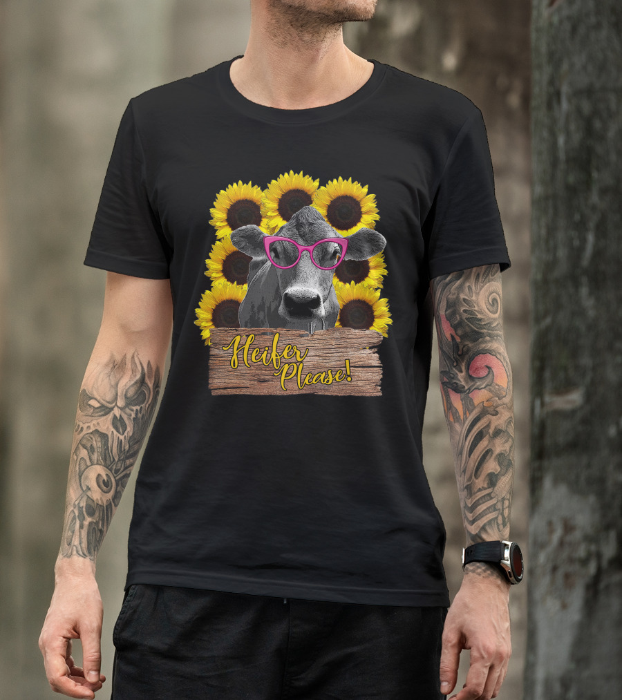 Heifer Please Cow With Pink Glasses And Sunflowers T-Shirt