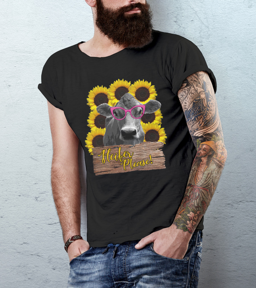 Heifer Please Cow With Pink Glasses And Sunflowers T-Shirt