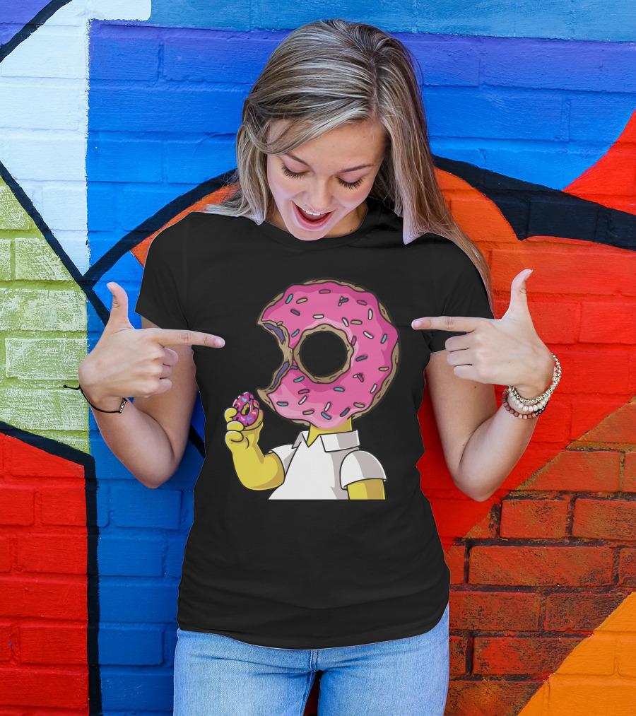 I Love Donut Pink Sprinkles Cartoon Character Eating Bite T-Shirt