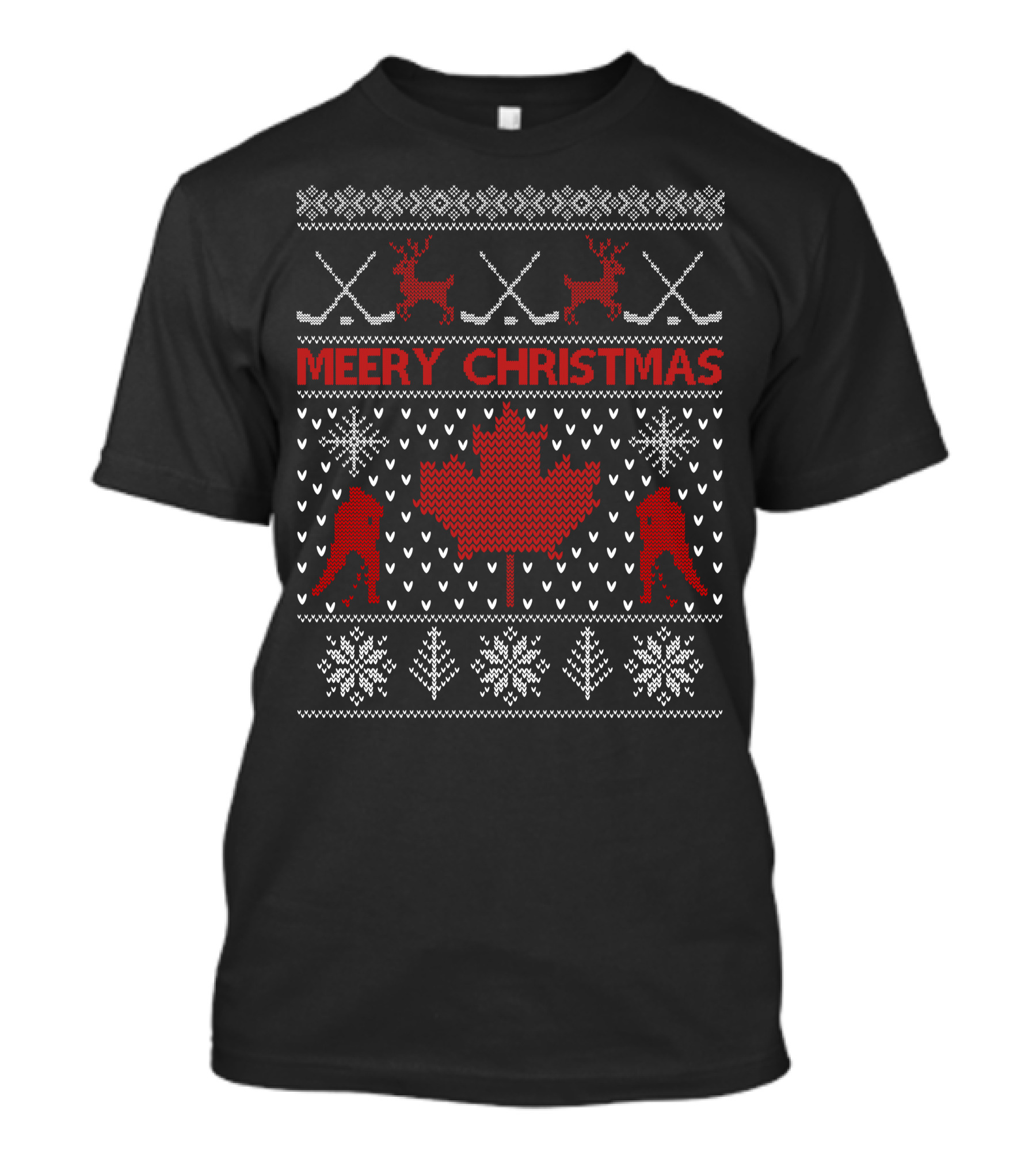 Merry Christmas Canada Hockey Maple Leaf Reindeer Snowflakes Crossed Sticks T-Shirt
