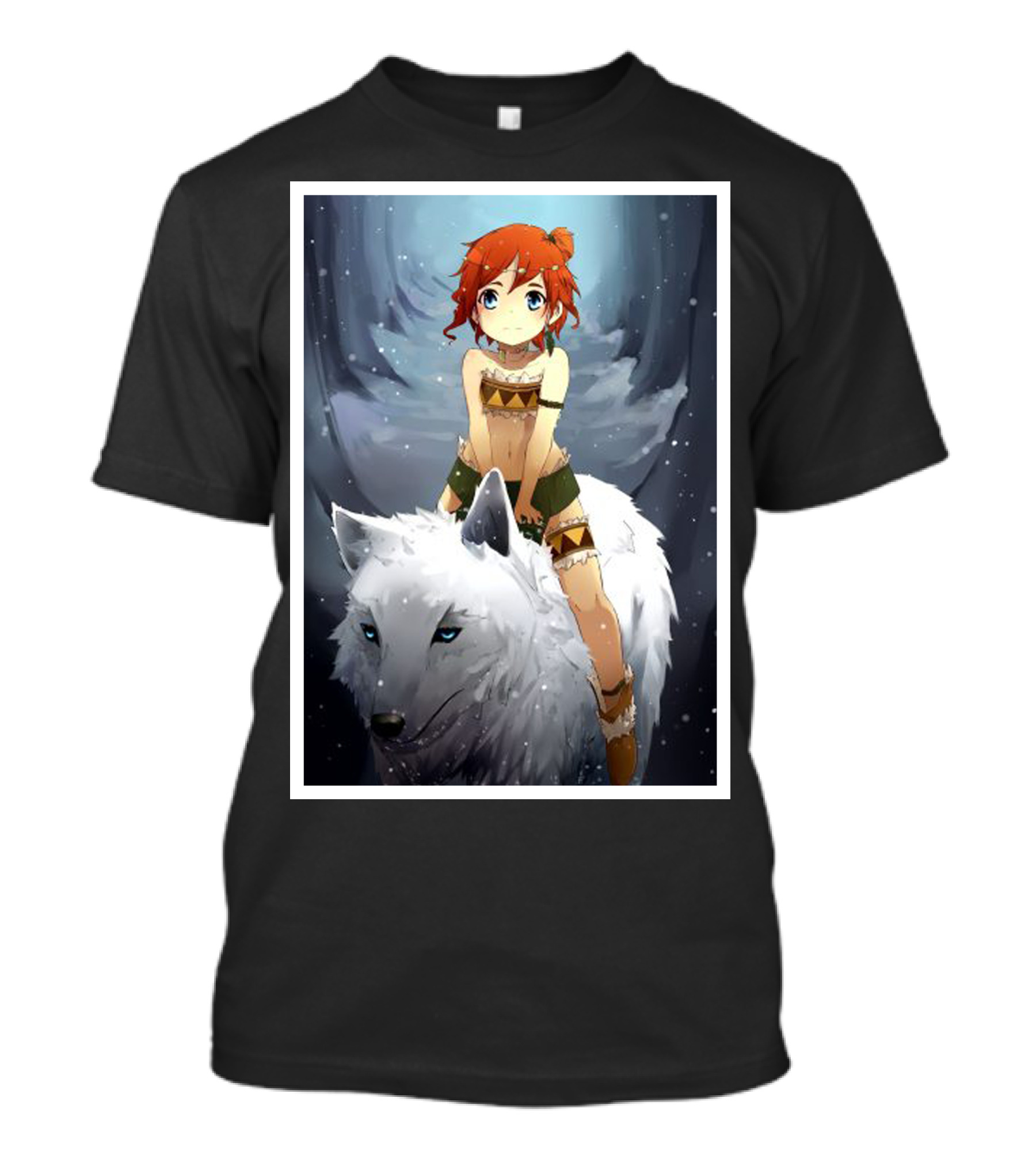 Mononoke Wolf Anime Girl Riding White Wolf In Snowy Forest T-Shirt