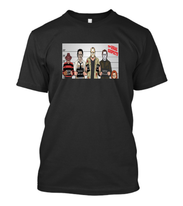 The Usual Suspects Horror Mask Lineup Freddy Jason Chucky Mugshot T-Shirt