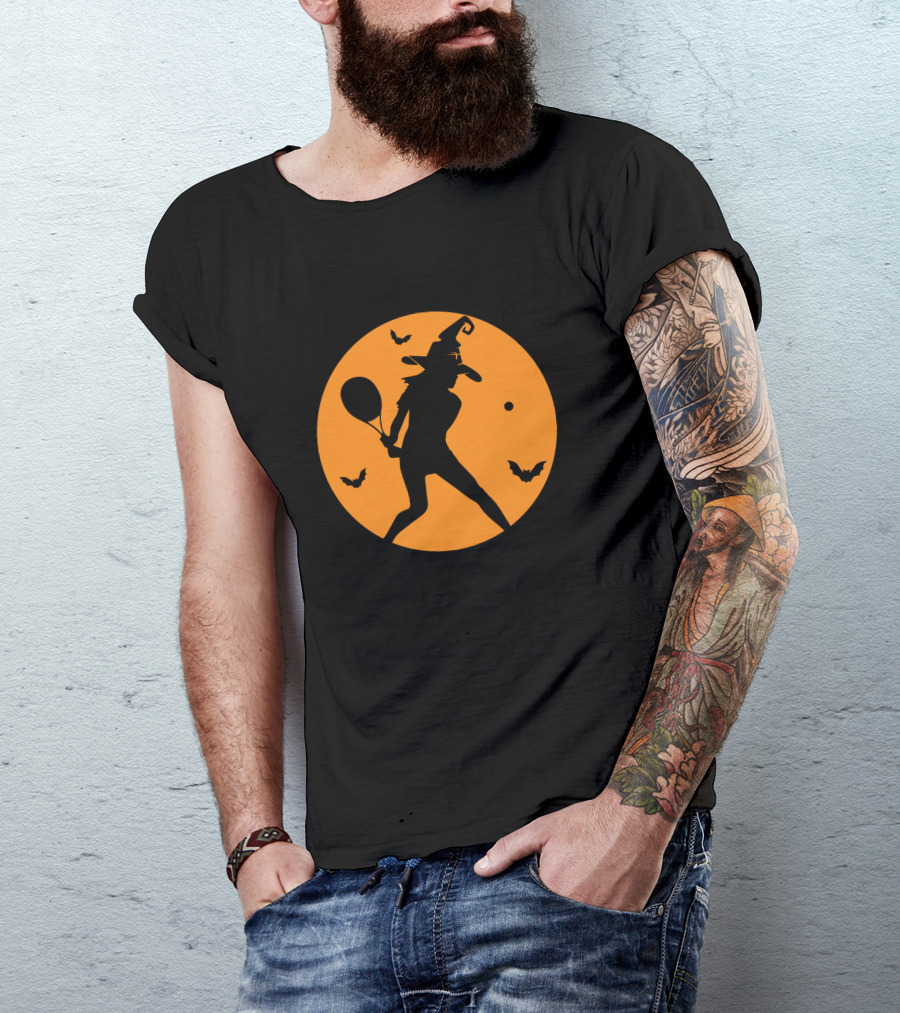 Halloween Tennis Witch Silhouette With Bats And Full Moon T-Shirt