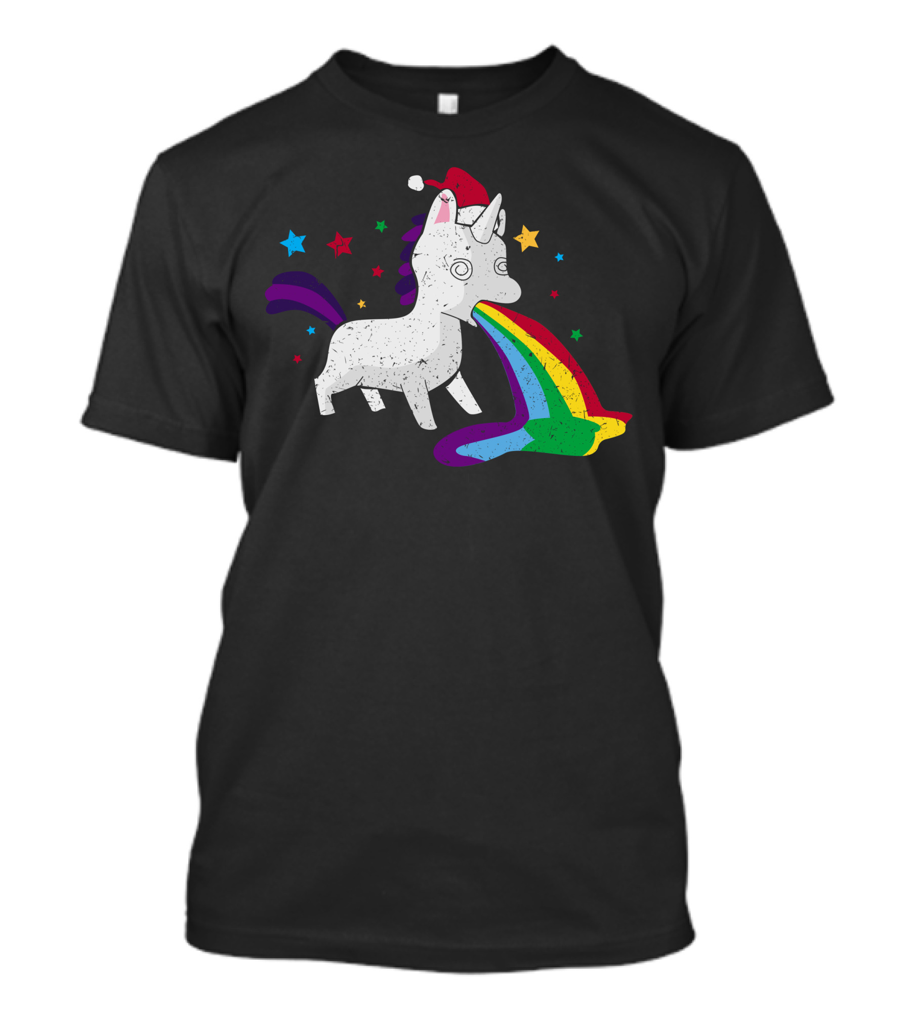 Unicorn Santa Hat Vomiting Rainbow With Stars T-Shirt