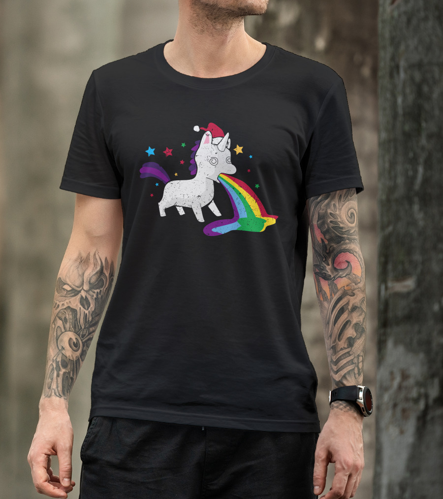 Unicorn Santa Hat Vomiting Rainbow With Stars T-Shirt
