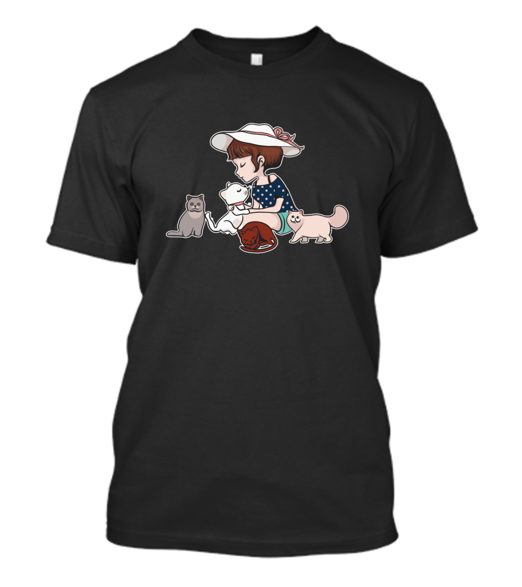 Adorable Little Girl With Cute Cats Cartoon Style Playful Kittens T-Shirt