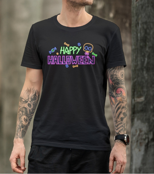 Happy Halloween Neon Candy Skull Bones T-Shirt