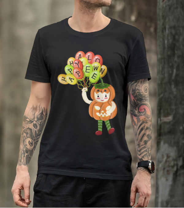 Cute Pumpkin Costume Kid With Happy Halloween Balloon Letters T-Shirt