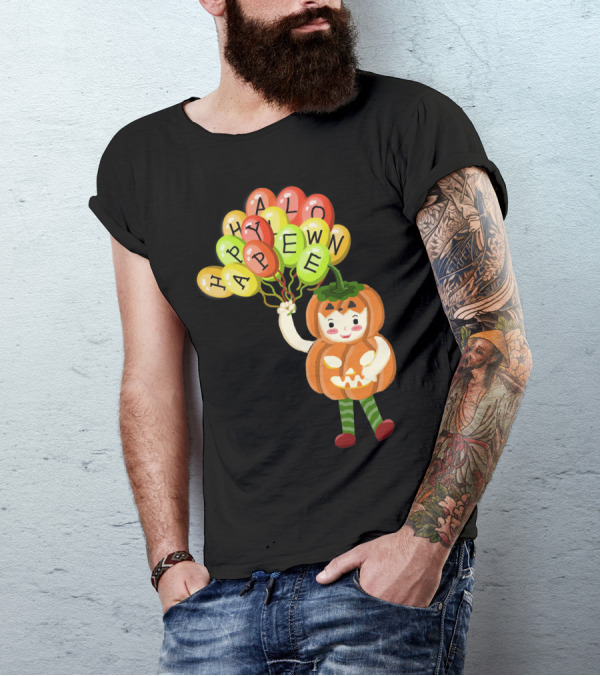 Cute Pumpkin Costume Kid With Happy Halloween Balloon Letters T-Shirt