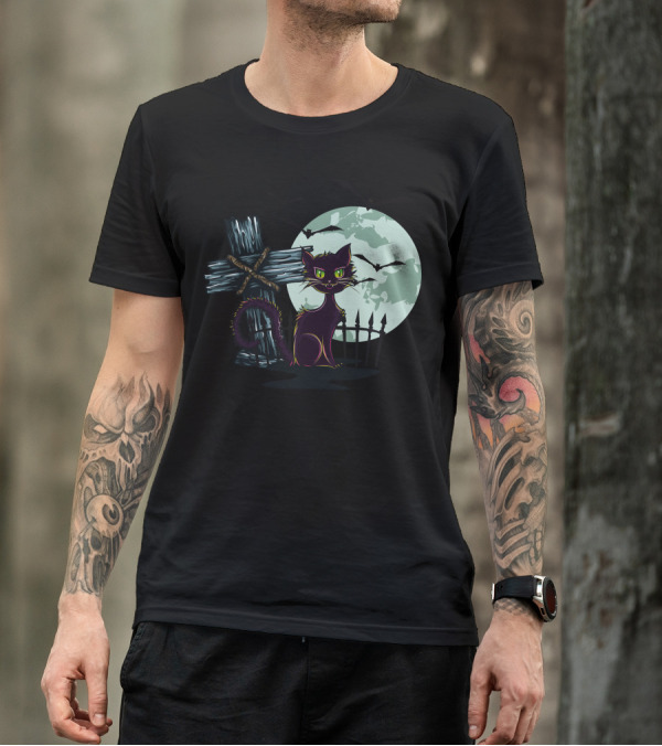 Cute Cat Halloween Monster Full Moon Bats Cross Graveyard T-Shirt