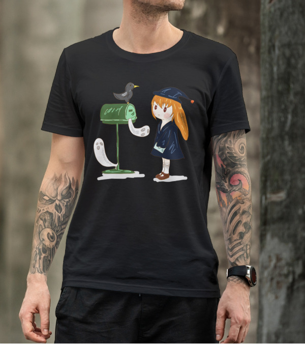 Cute Little Witch With Ghostly Mailbox And Bird On Hat T-Shirt
