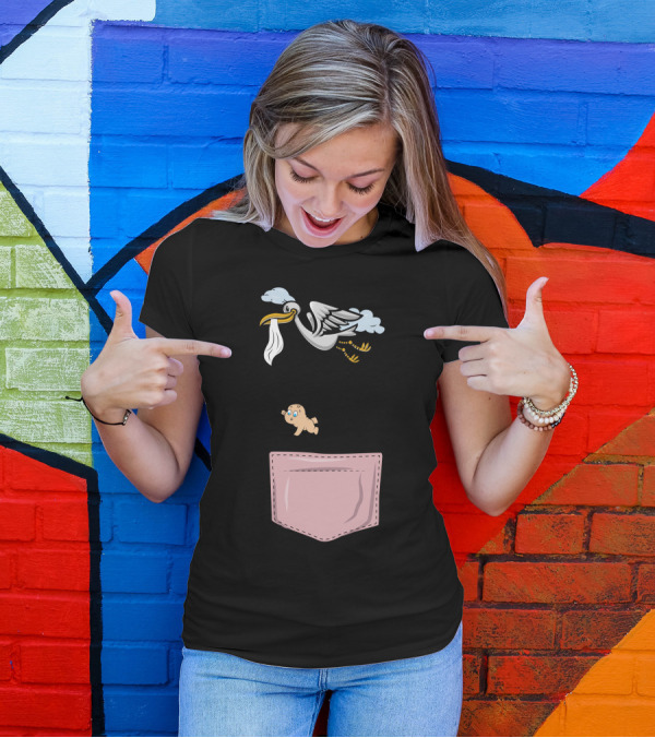 Stork Dropping Falling Baby Into Pink Pocket T-Shirt
