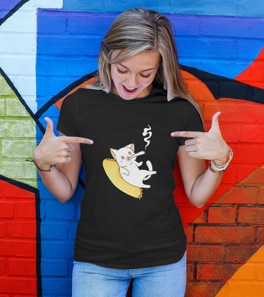 Funny Weed Smoking Cat Relaxed On A Yellow Cushion T-Shirt