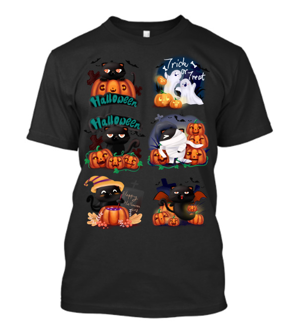 Halloween Black Cat Pumpkin Trick Or Treat Happy Halloween Ghost Cartoon T-Shirt