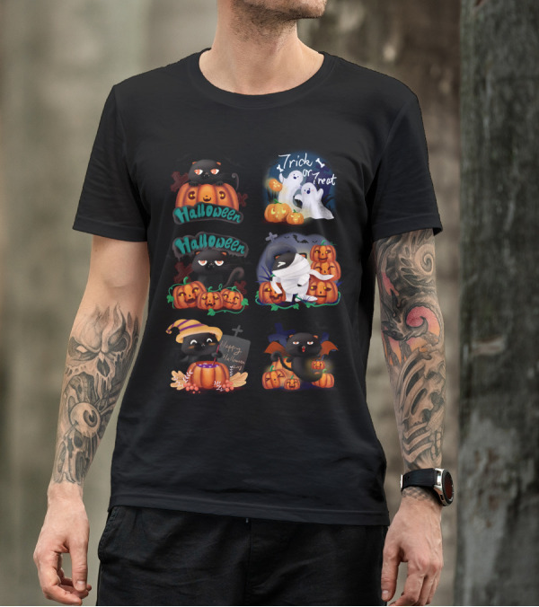 Halloween Black Cat Pumpkin Trick Or Treat Happy Halloween Ghost Cartoon T-Shirt