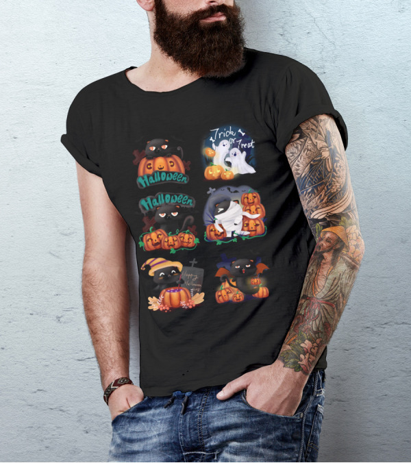 Halloween Black Cat Pumpkin Trick Or Treat Happy Halloween Ghost Cartoon T-Shirt