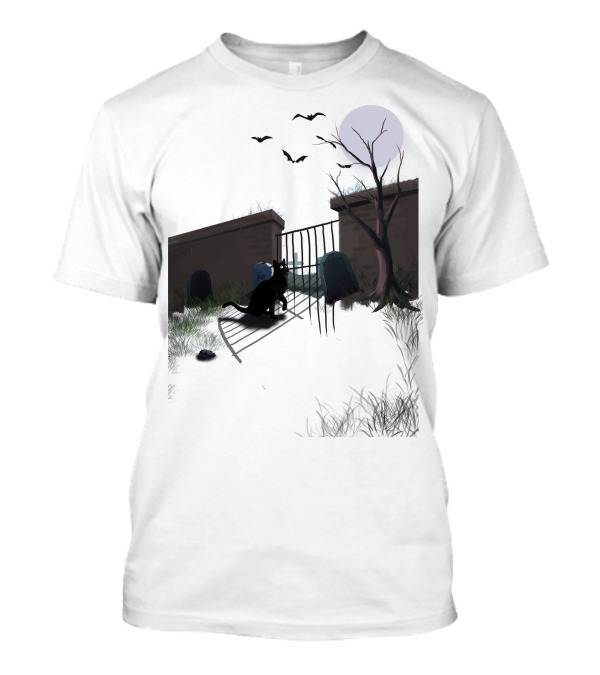 Halloween Black Cat Moonlit Cemetery Gate With Tombstones And Bats T-Shirt