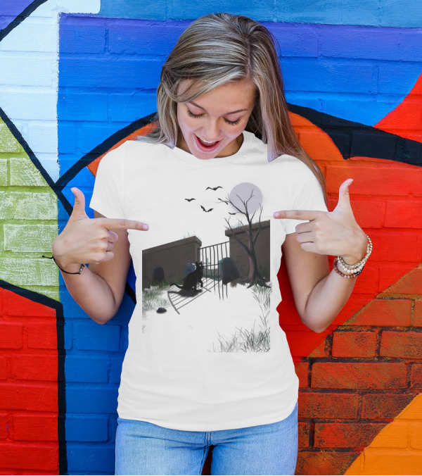 Halloween Black Cat Moonlit Cemetery Gate With Tombstones And Bats T-Shirt