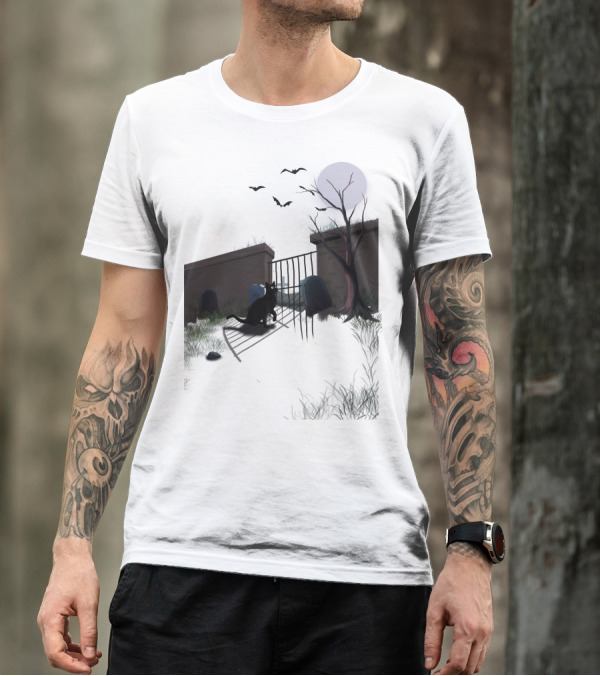 Halloween Black Cat Moonlit Cemetery Gate With Tombstones And Bats T-Shirt