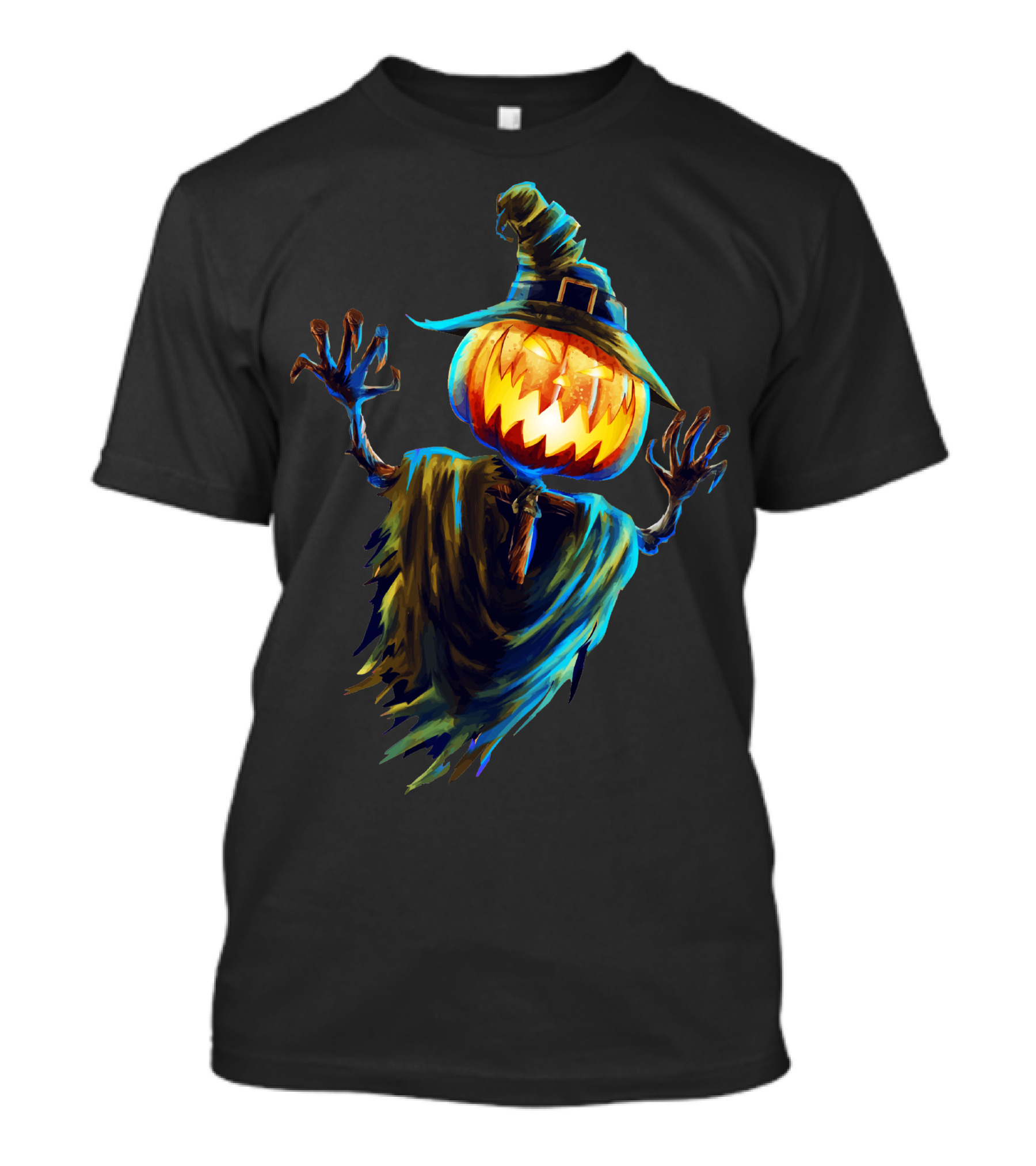 Halloween Scarecrow Pumpkin Head Glowing Jack-o'-Lantern Wizard Hat T-Shirt