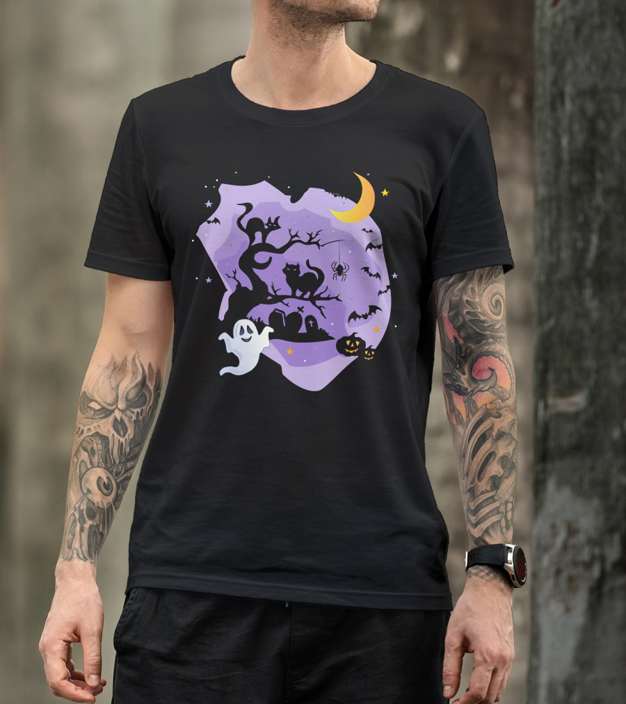 Halloween White Ghost Pumpkin Light Bat Black Cat Tombstone Crescent Moon Spider T-Shirt
