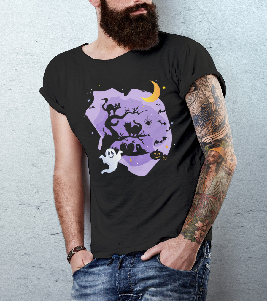 Halloween White Ghost Pumpkin Light Bat Black Cat Tombstone Crescent Moon Spider T-Shirt