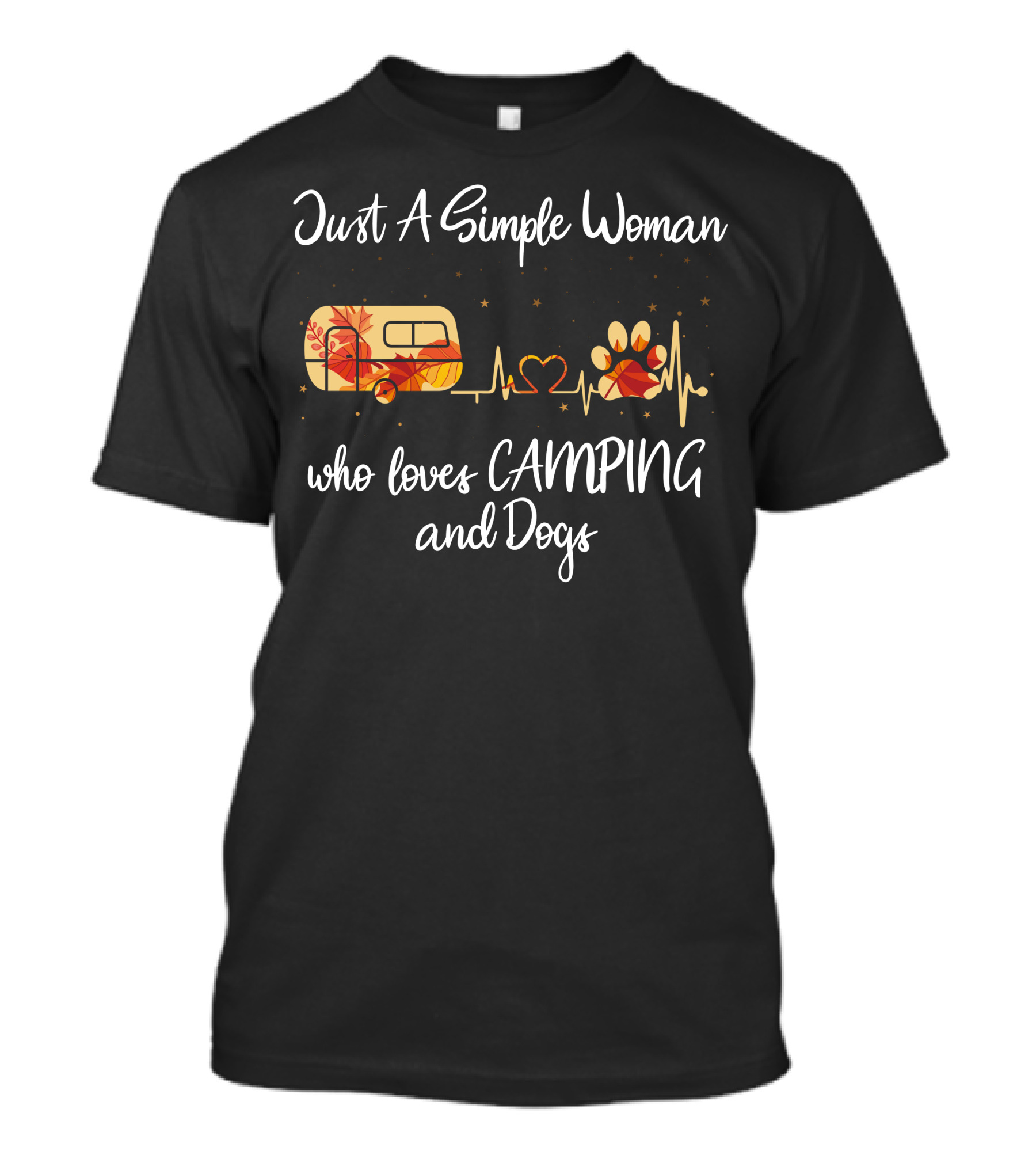 Just A Simple Woman Who Loves Camping And Dogs With Camper And Paw Print Heartbeat T-Shirt
