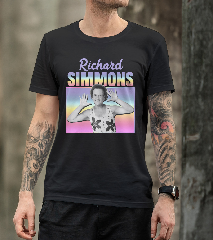 Richard Simmons Retro Fitness Icon Rainbow Background T-Shirt