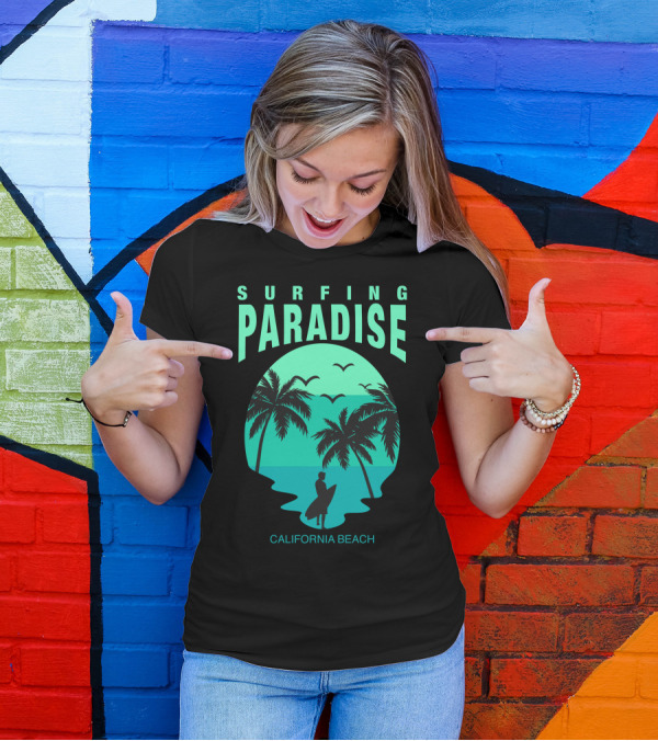 Surfing Paradise California Beach Palms And Surfboard T-Shirt