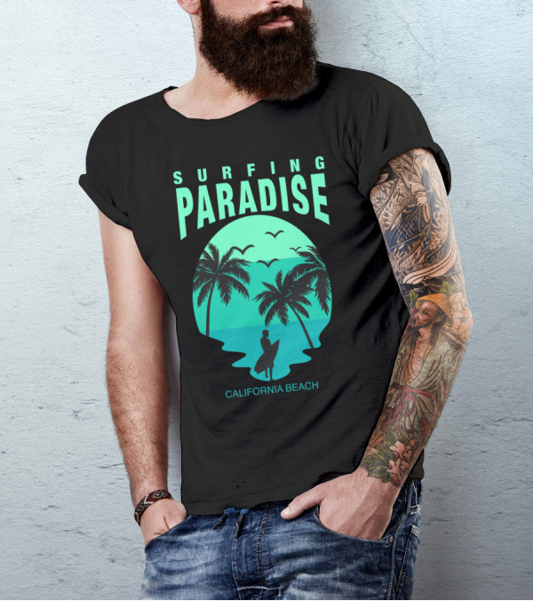 Surfing Paradise California Beach Palms And Surfboard T-Shirt