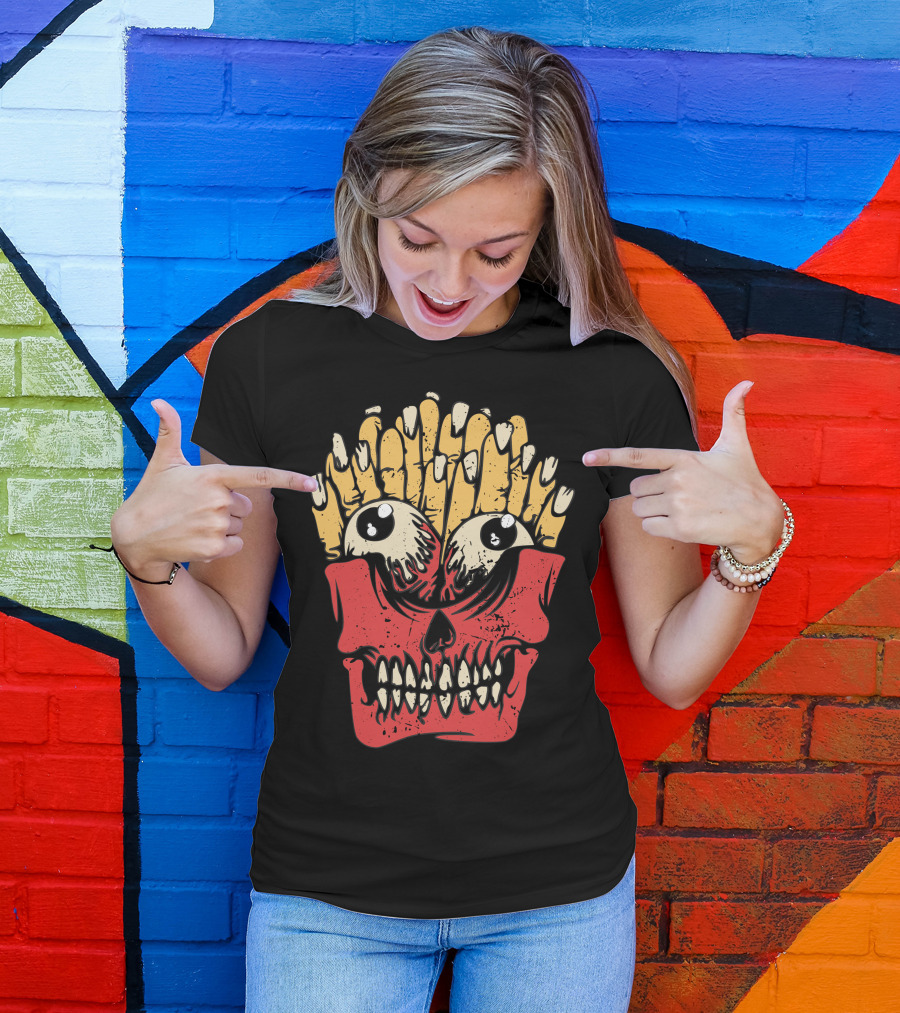 Zombie Finger Potatoes Skull With Fry Hair And Big Eyes T-Shirt