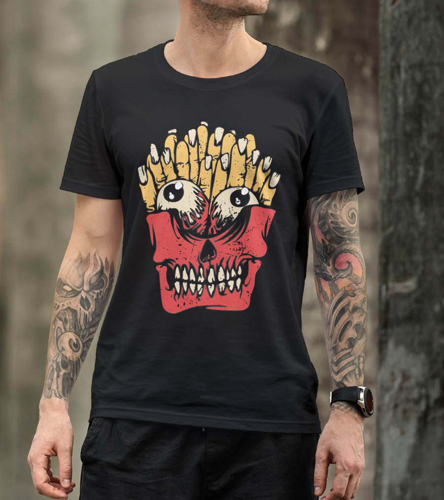 Zombie Finger Potatoes Skull With Fry Hair And Big Eyes T-Shirt