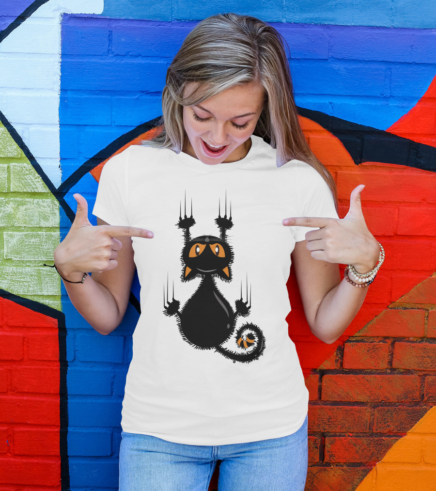 Halloween Funny Black Cat Clawing With Orange Ears And Whiskers T-Shirt