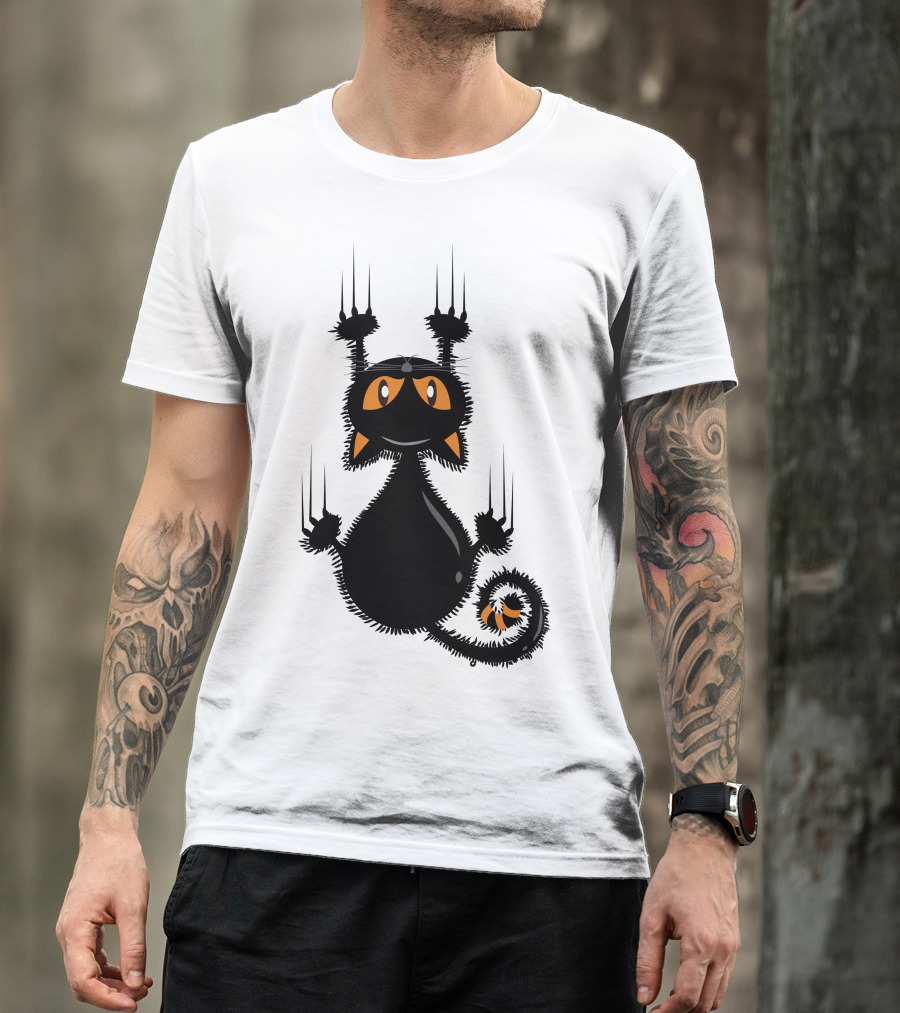 Halloween Funny Black Cat Clawing With Orange Ears And Whiskers T-Shirt