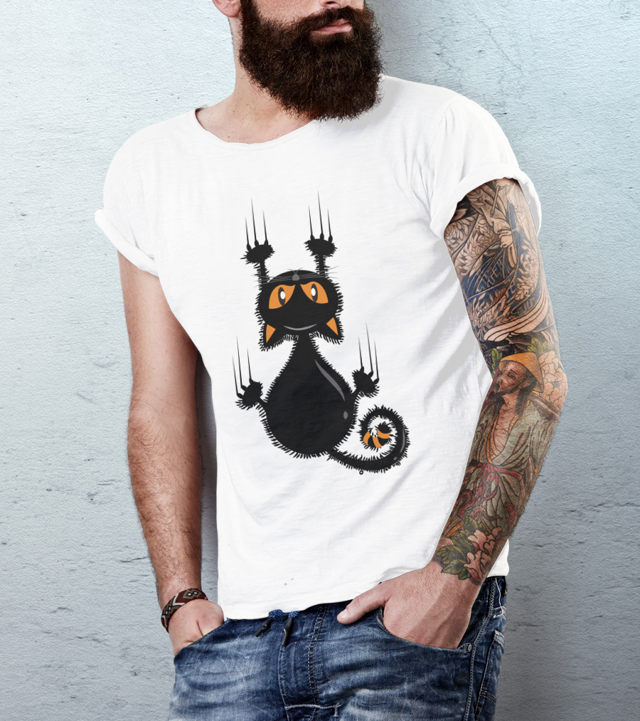 Halloween Funny Black Cat Clawing With Orange Ears And Whiskers T-Shirt