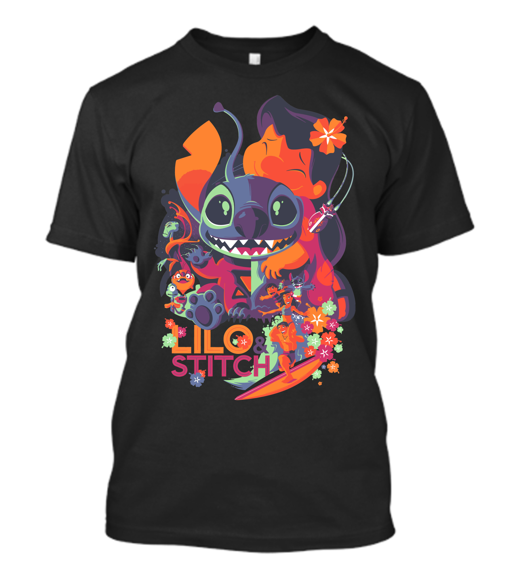 Lilo And Stitch Vibrant Surf Adventure Characters Floral Elements T-Shirt
