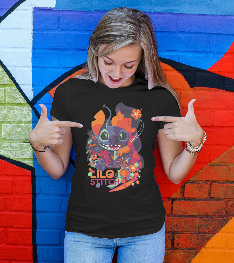 Lilo And Stitch Vibrant Surf Adventure Characters Floral Elements T-Shirt