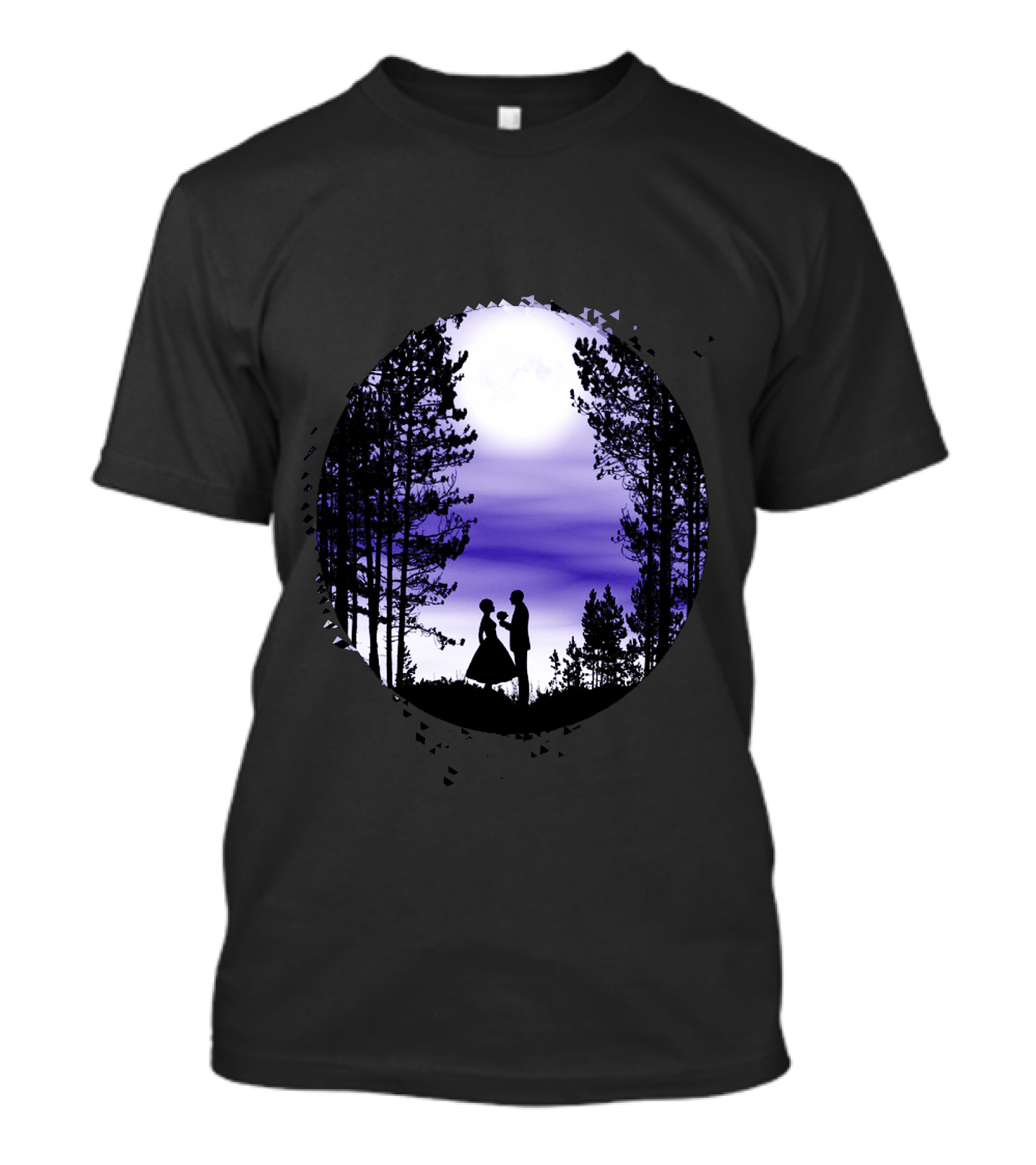 Love Story Silhouette In Moonlit Forest Scene T-Shirt