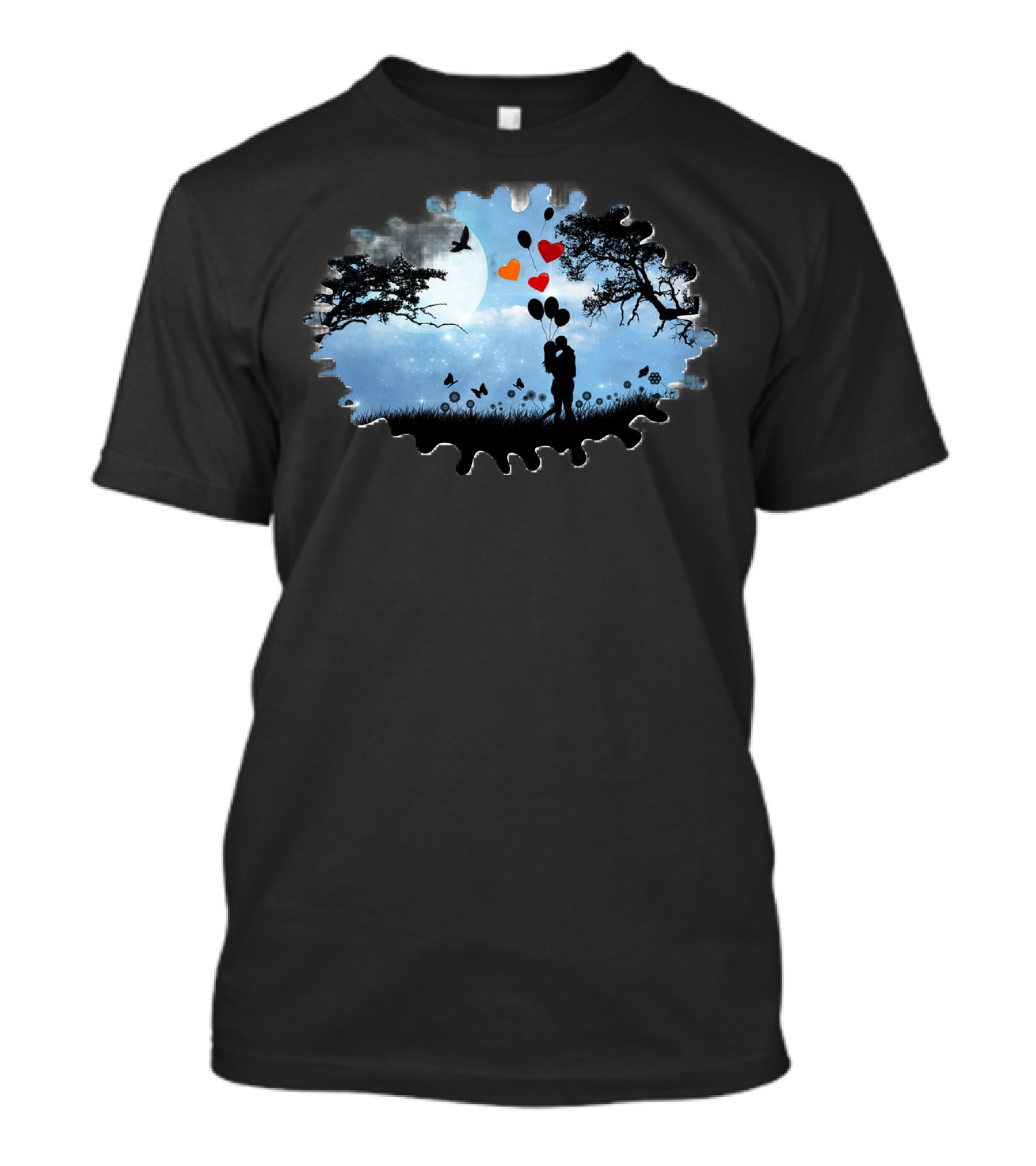 Lovely Couple Silhouette Under Moonlit Sky With Heart Balloons T-Shirt