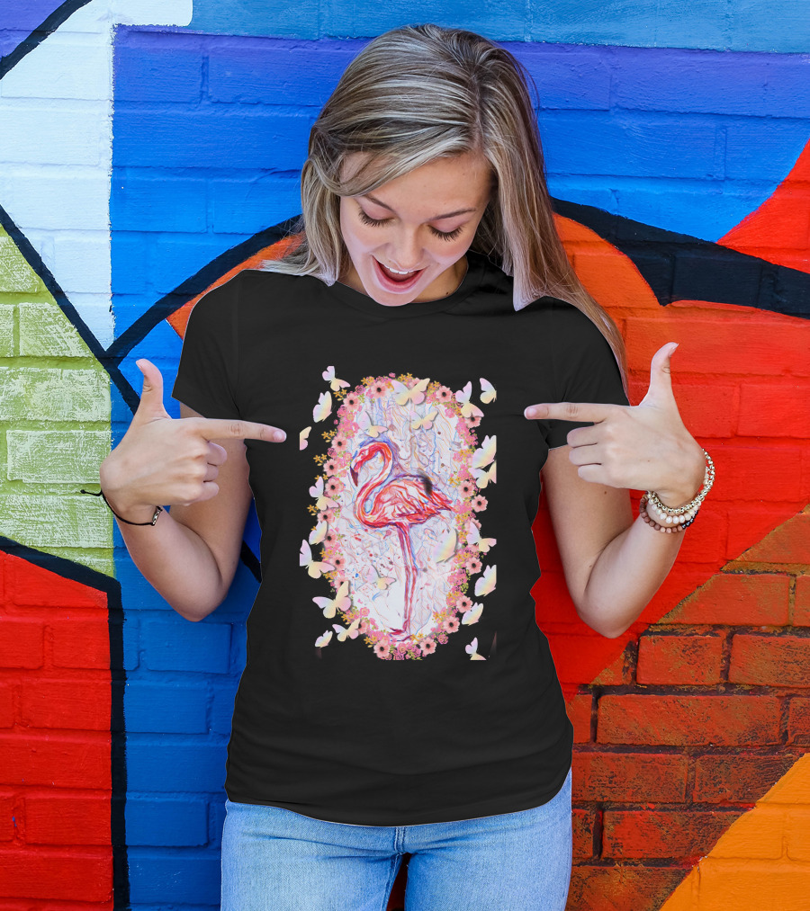 Sweet Flamingo Butterflies Flowers T-Shirt
