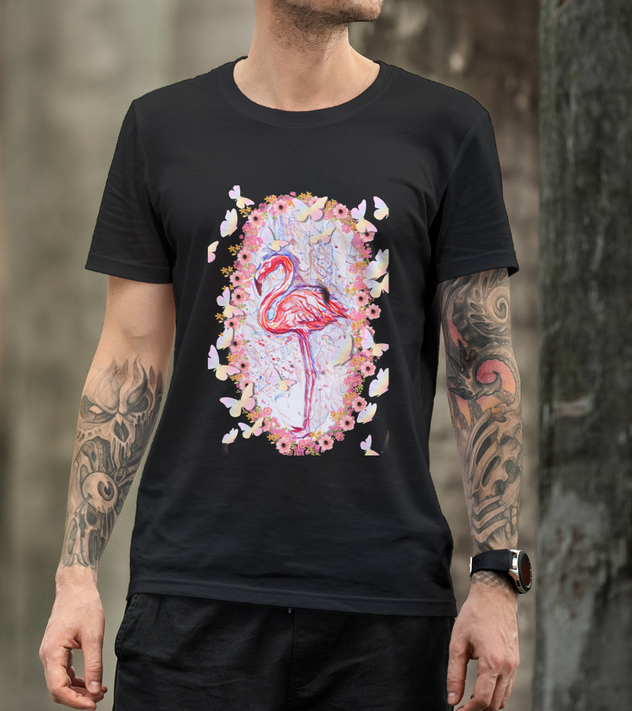 Sweet Flamingo Butterflies Flowers T-Shirt